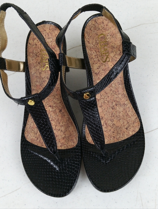 Women's Black Wedge Thong Sandals Size 8.5 Faux Leather Cork Footbed - Picture 8 of 11
